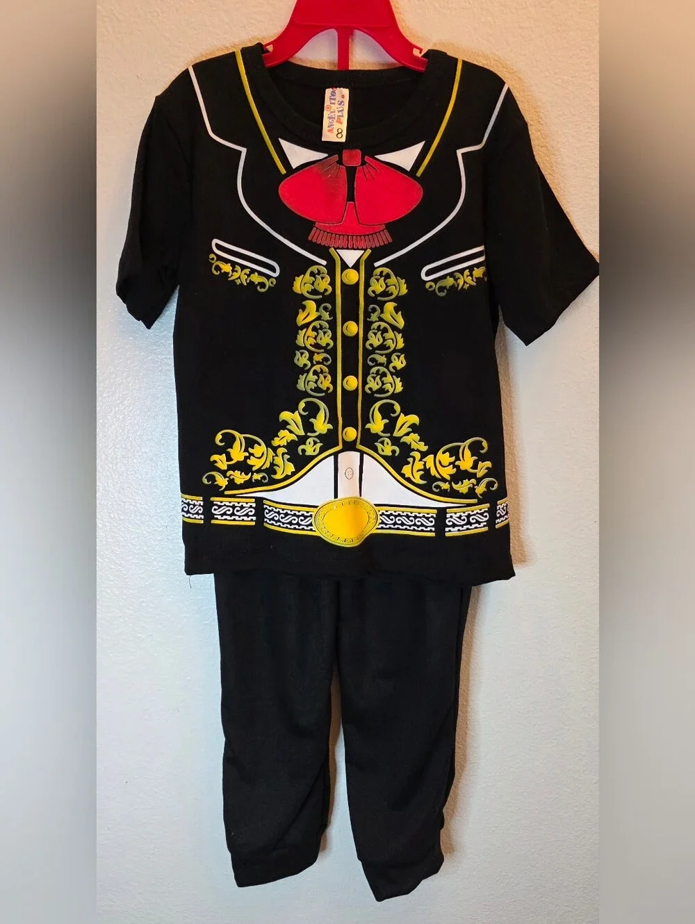 Kids Black Mariachi-Themed Costume Set with Yellow Trim and Red Bow Size 8